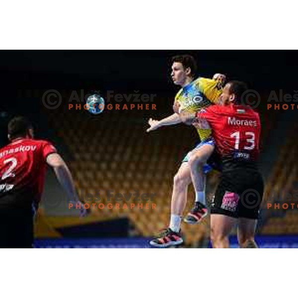 Tobias Cvetko in action during EHF Champions League handball match between Celje Pivovarna Lasko and Veszprem in Zlatorog Arena, Celje, Slovenia on February 11, 2021