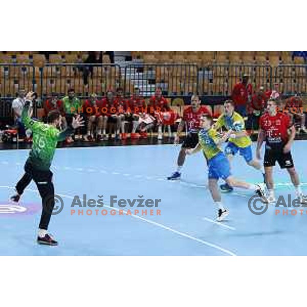 Domen Novak during EHF Champions League handball match between Celje Pivovarna Lasko and Veszprem in Zlatorog Arena, Celje, Slovenia on February 11, 2021