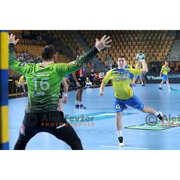 Domen Novak during EHF Champions League handball match between Celje Pivovarna Lasko and Veszprem in Zlatorog Arena, Celje, Slovenia on February 11, 2021
