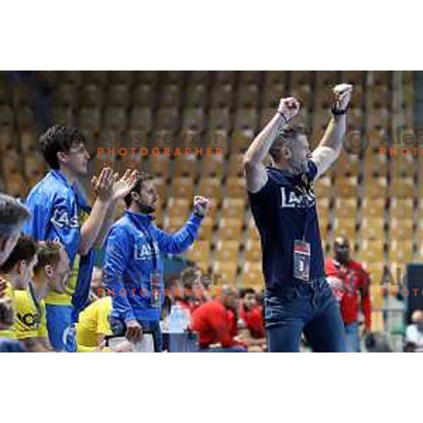 David Razgor and coach Tomaz Ocvirk during EHF Champions League handball match between Celje Pivovarna Lasko and Veszprem in Zlatorog Arena, Celje, Slovenia on February 11, 2021
