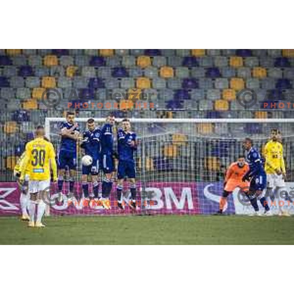 Blaz Vrhovec, Jan Mlakar, Alexandru Cretu and Aleks Pihler in action during Prva liga Telekom Slovenije football match between Maribor and Bravo in Ljudski vrt, Maribor, Slovenia on February 13, 2021