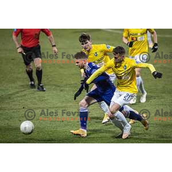 Rudi Vancas Pozeg and Miha Kancilija in action during Prva liga Telekom Slovenije football match between Maribor and Bravo in Ljudski vrt, Maribor, Slovenia on February 13, 2021