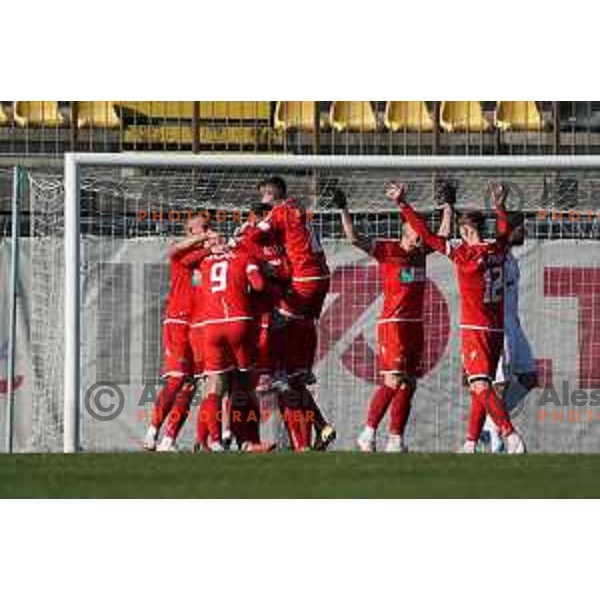 Gasper Pecnik and players of Aluminij celebrate goal during Prva Liga Telekom Slovenije 2020-2021 football match between Tabor and Aluminij in Sezana on February 14, 2021