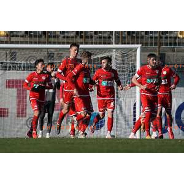 Gasper Pecnik and players of Aluminij celebrate goal during Prva Liga Telekom Slovenije 2020-2021 football match between Tabor and Aluminij in Sezana on February 14, 2021