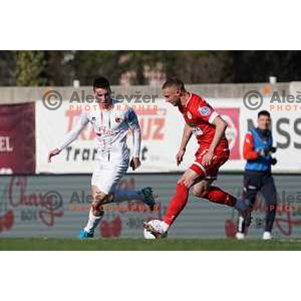 Leon Sever and Luka Petek in action during Prva Liga Telekom Slovenije 2020-2021 football match between Tabor and Aluminij in Sezana on February 14, 2021