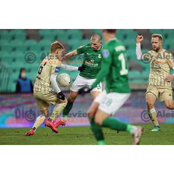 Aljaz Antolin, Mihailo Perovic and Jure Travner in action during Prva Liga Telekom Slovenië 2020-2021 football match between Olimpija and Mura in SRC Stozice, Ljubljana, Slovenia on February 14, 2021