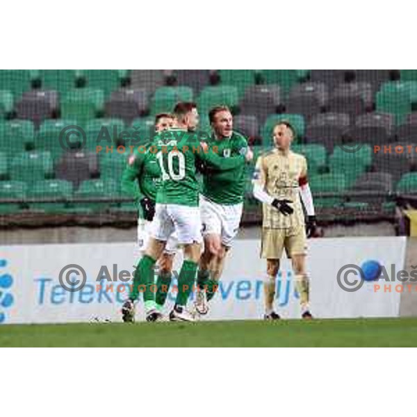 Timi Max Elsnik and Djordje Ivanovic celebrate goal during Prva Liga Telekom Slovenije 2020-2021 football match between Olimpija ands Mura in SRC Stozice, Ljubljana on February 14, 2021