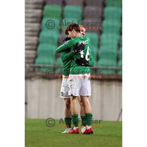 Gal Kurez and Djordje Ivanovic celebrate goal during Prva Liga Telekom Slovenije 2020-2021 football match between Olimpija ands Mura in SRC Stozice, Ljubljana on February 14, 2021