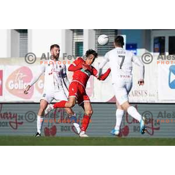 Klemen Nemanic and Haris Kadric in action during Prva Liga Telekom Slovenije 2020-2021 football match between Tabor and Aluminij in Sezana on February 14, 2021
