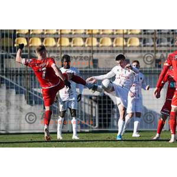 Tilen Pecnik and Leon Sever in action during Prva Liga Telekom Slovenije 2020-2021 football match between Tabor and Aluminij in Sezana on February 14, 2021