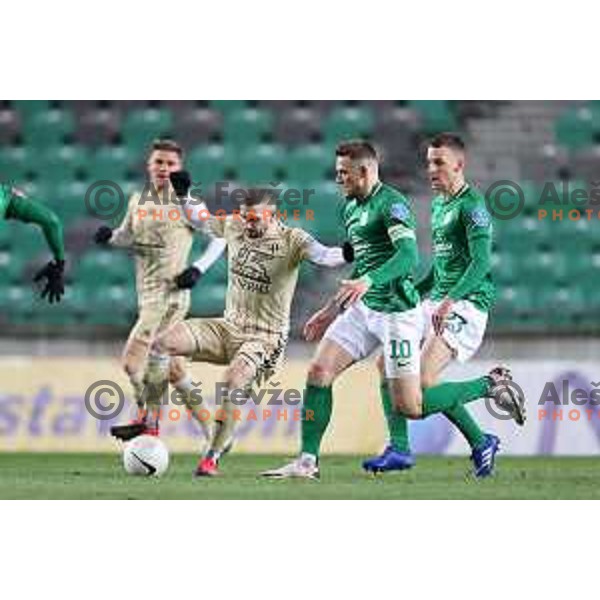 Nino Kouter, Timi Max Elsnik and Nik Kapun in action during Prva Liga Telekom Slovenië 2020-2021 football match between Olimpija and Mura in SRC Stozice, Ljubljana, Slovenia on February 14, 2021