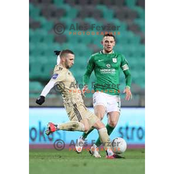 Nino Kouter and Timi Max Elsnik in action during Prva Liga Telekom Slovenië 2020-2021 football match between Olimpija and Mura in SRC Stozice, Ljubljana, Slovenia on February 14, 2021