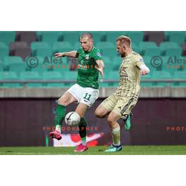Mihailo Perovic and Jure Travner in action during Prva Liga Telekom Slovenië 2020-2021 football match between Olimpija and Mura in SRC Stozice, Ljubljana, Slovenia on February 14, 2021
