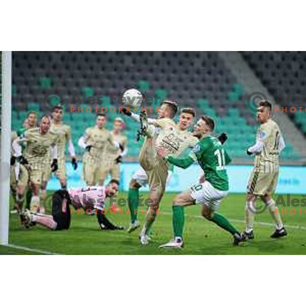 Luka Bobicanec and Timi Max Elsnik in action during Prva liga Telekom Slovenije 2020-2021 football match between Olimpija and Mura in SRC Stozice, Ljubljana on February 14, 2021