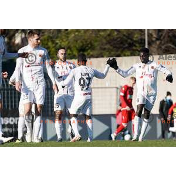 Dino Stancic, Aldair Balde and Damsen celebrate goal during Prva Liga Telekom Slovenije 2020-2021 football match between Tabor and Aluminij in Sezana on February 14, 2021