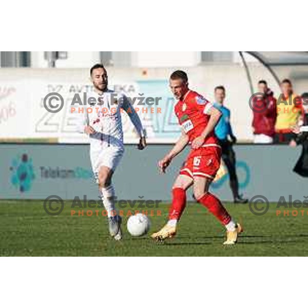 Dino Stancic and David Flakus Bosilj in action during Prva Liga Telekom Slovenije 2020-2021 football match between Tabor and Aluminij in Sezana on February 14, 2021