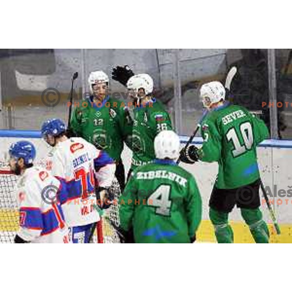 Nik Simsic, Ziga Pesut of SZ Olimpija in action during Alps League ice-hockey match between SZ Olimpija and Fassa Falcons in Tivoli Hall, Ljubljana, Slovenia on February 16, 2021