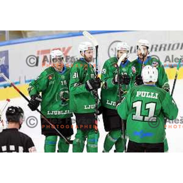 Ales Music, Miha Zajc, Gal Koren, Andraz Zibelnik of SZ Olimpija in action during Alps League ice-hockey match between SZ Olimpija and Fassa Falcons in Tivoli Hall, Ljubljana, Slovenia on February 16, 2021