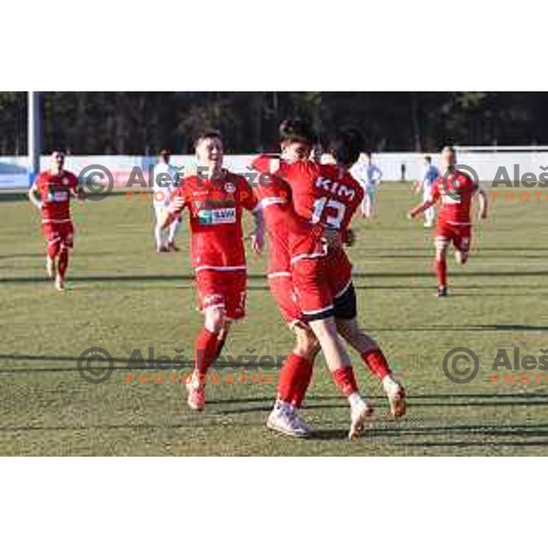 Haris kadric and Doyhun Kim celebrate goal during Prva Liga Telekom Slovenije 2020-2021 football match between Aluminij and Celje in Kidricevo on February 17, 2021