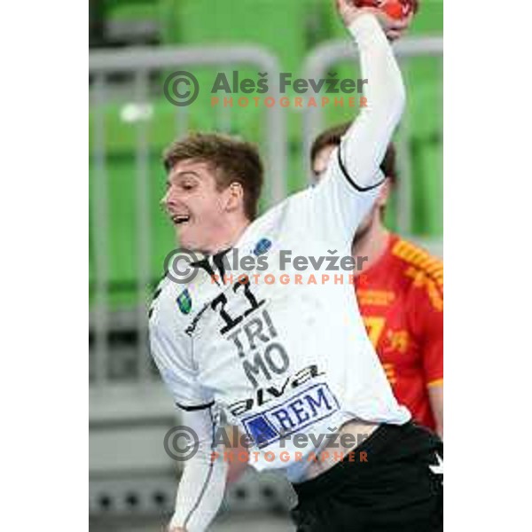 Anze Dobovicnik in action during EHF European League Men 2020/21 handball match between Trimo Trebnje and Gudme in Ljubljana, Slovenia on February 23, 2021 