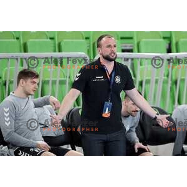 Uros Zorman, head coach of Trimo in action during EHF European League Men 2020/21 handball match between Trimo Trebnje and Gudme in Ljubljana, Slovenia on February 23, 2021