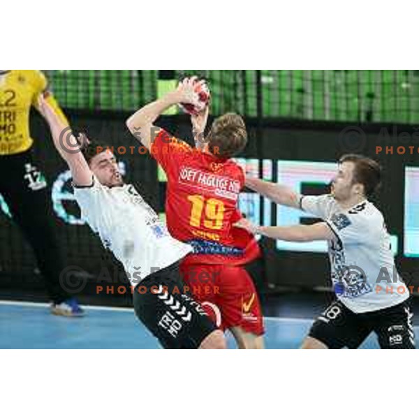 Gregor Potocnik and Marko Kotar in action during EHF European League Men 2020/21 handball match between Trimo Trebnje and Gudme in Ljubljana, Slovenia on February 23, 2021 