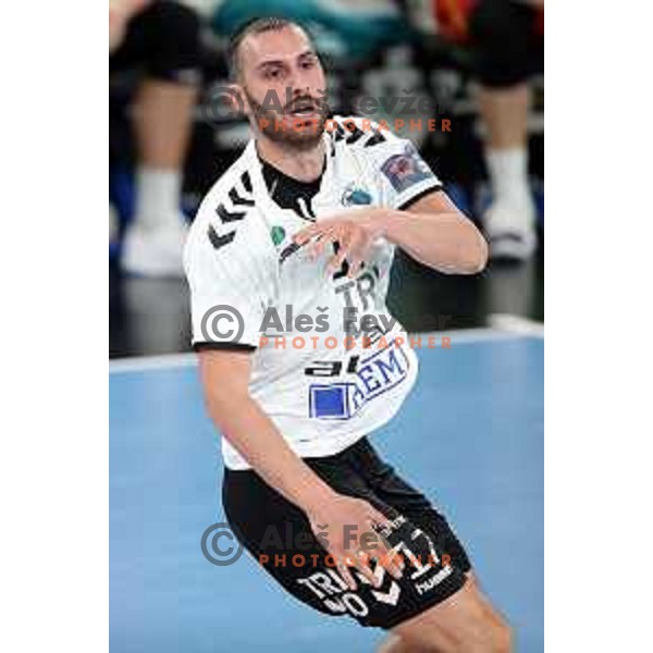 Ozgur Sarak in action during EHF European League Men 2020/21 handball match between Trimo Trebnje and Gudme in Ljubljana, Slovenia on February 23, 2021
