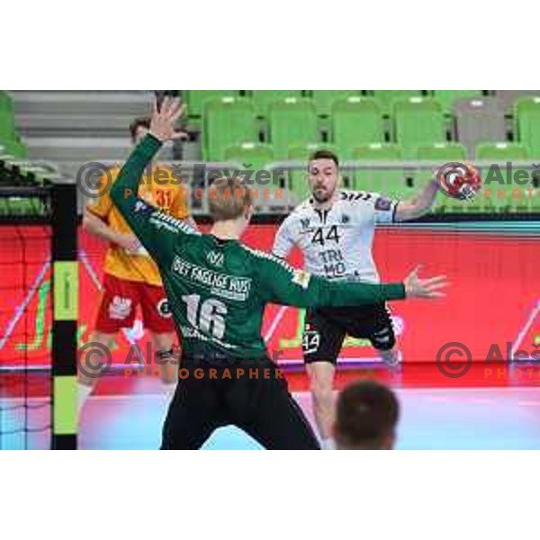 Gal Cirar in action during EHF European League Men 2020/21 handball match between Trimo Trebnje and Gudme in Ljubljana, Slovenia on February 24, 2021 