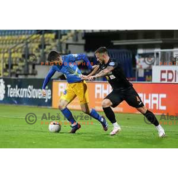 David Brekalo and Filip Dangubic in action during Prva liga Telekom Slovenije 2020-2021 football match between Celje and Bravo in Celje on February 24, 2021