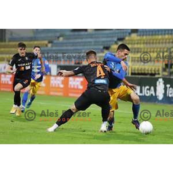David Brekalo and Filip Dangubic in action during Prva liga Telekom Slovenije 2020-2021 football match between Celje and Bravo in Celje on February 24, 2021