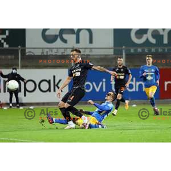 David Brekalo and Filip Dangubic in action during Prva liga Telekom Slovenije 2020-2021 football match between Celje and Bravo in Celje on February 24, 2021