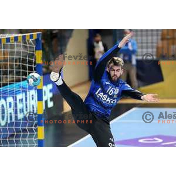 Miljan Vujovic in action during EHF Champions League handball match between Celje Pivovarna Lasko and Barcelona in Zlatorog Arena, Celje, Slovenia on February 24, 2021