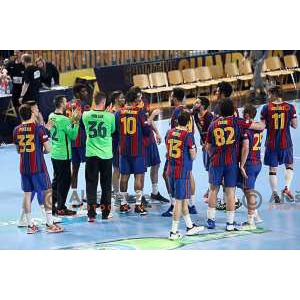 Barcelona players celebrate victory at EHF Champions League handball match between Celje Pivovarna Lasko and Barcelona in Zlatorog Arena, Celje, Slovenia on February 24, 2021