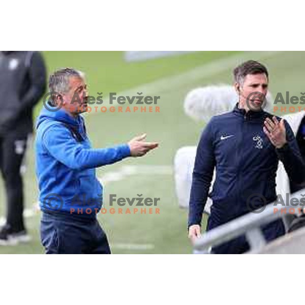 Dejan Djuranovic and referee Dejan Balazic in action during Prva Liga Telekom Slovenië 2020-2021 football match between Olimpija and Domzale in SRC Stozice, Ljubljana, Slovenia on February 24,2021
