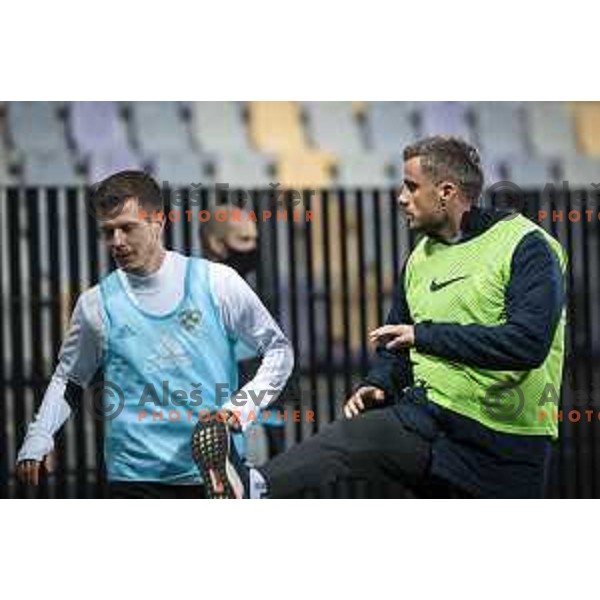 Aleks Pihler and Denis Sme in action during Prva liga Telekom Slovenije football match between Maribor and Olimpija in Ljudski vrt, Maribor, Slovenia on February 27, 2021