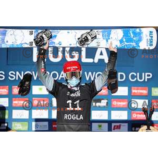 Zan Kosir (SLO), winner of FIS Snowboard World Cup Parallel Giant Slalom at Rogla Ski resort, Slovenia on March 6, 2021