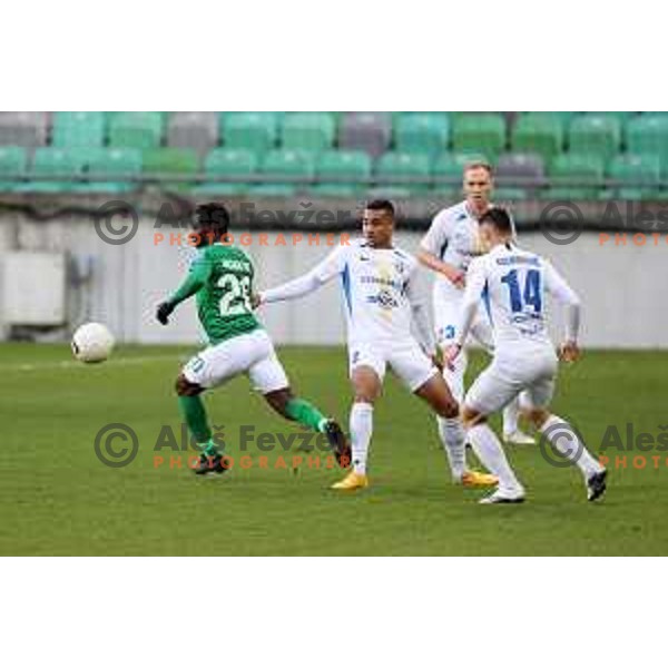 Eric Boakye and Bradley Martis in action during Prva Liga Telekom Slovenije 2020-2021 football match between Olimpija and Celje in SRC Stozice, Ljubljana, Slovenia on March 7, 2021