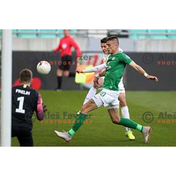 Ester Sokler and Vujadin Savic in action during Prva Liga Telekom Slovenije 2020-2021 football match between Olimpija and Celje in SRC Stozice, Ljubljana, Slovenia on March 7, 2021