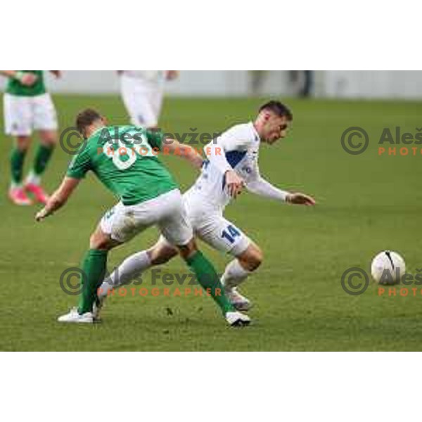 Uros Korun and Mico Kuzmanovic in action during Prva Liga Telekom Slovenije 2020-2021 football match between Olimpija and Celje in SRC Stozice, Ljubljana, Slovenia on March 7, 2021