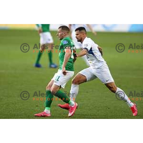 Mihailo Perovic and Josip Calusic in action during Prva Liga Telekom Slovenije 2020-2021 football match between Olimpija and Celje in SRC Stozice, Ljubljana, Slovenia on March 7, 2021