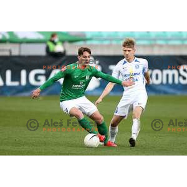 Vitja Valencic and Matic Vrbanec in action during Prva Liga Telekom Slovenije 2020-2021 football match between Olimpija and Celje in SRC Stozice, Ljubljana, Slovenia on March 7, 2021