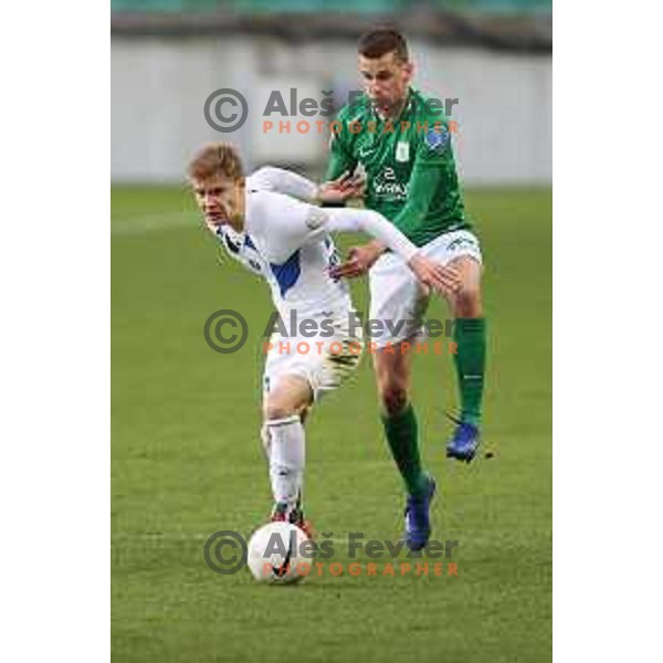Maj Roric and Nik Kapun of Olimpija in action during Prva Liga Telekom Slovenije 2020-2021 football match between Olimpija and Celje in SRC Stozice, Ljubljana, Slovenia on March 7, 2021