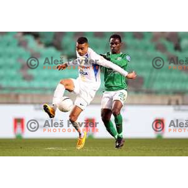 Eric Boakye and Bradley Martis in action during Prva Liga Telekom Slovenije 2020-2021 football match between Olimpija and Celje in SRC Stozice, Ljubljana, Slovenia on March 7, 2021