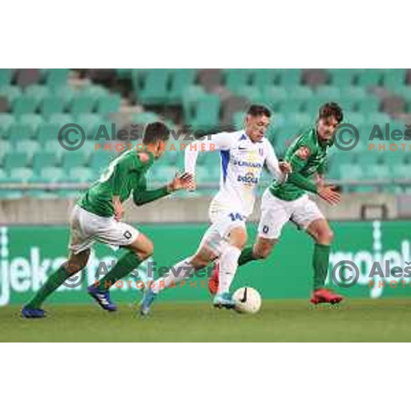 Nik Kapun and Mico Kuzmanovic in action during Prva Liga Telekom Slovenije 2020-2021 football match between Olimpija and Celje in SRC Stozice, Ljubljana, Slovenia on March 7, 2021