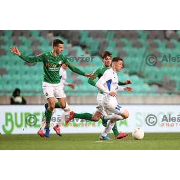 Nik Kapun and Mico Kuzmanovic in action during Prva Liga Telekom Slovenije 2020-2021 football match between Olimpija and Celje in SRC Stozice, Ljubljana, Slovenia on March 7, 2021