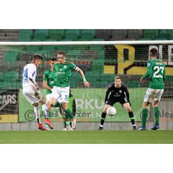 Ivan Bozic and Timi Max Elsnik of Olimpija in action during Prva Liga Telekom Slovenije 2020-2021 football match between Olimpija and Celje in SRC Stozice, Ljubljana, Slovenia on March 7, 2021