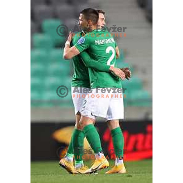 Enrik Ostrc and Vitalijs Maksimenko of Olimpija in action during Prva Liga Telekom Slovenije 2020-2021 football match between Olimpija and Celje in SRC Stozice, Ljubljana, Slovenia on March 7, 2021