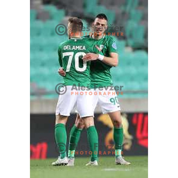 Antonio Delamea Mlinar and Vujadin Savic of Olimpija in action during Prva Liga Telekom Slovenije 2020-2021 football match between Olimpija and Celje in SRC Stozice, Ljubljana, Slovenia on March 7, 2021