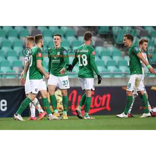Enrik Ostrc and Uros Korun of Olimpija in action during Prva Liga Telekom Slovenije 2020-2021 football match between Olimpija and Celje in SRC Stozice, Ljubljana, Slovenia on March 7, 2021