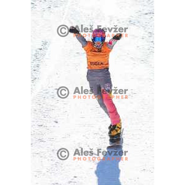 Ramona T. Hofmeister, winner of FIS Snowboard World Cup Parallel Giant Slalom Ladies at Rogla Ski resort, Slovenia on March 6, 2021